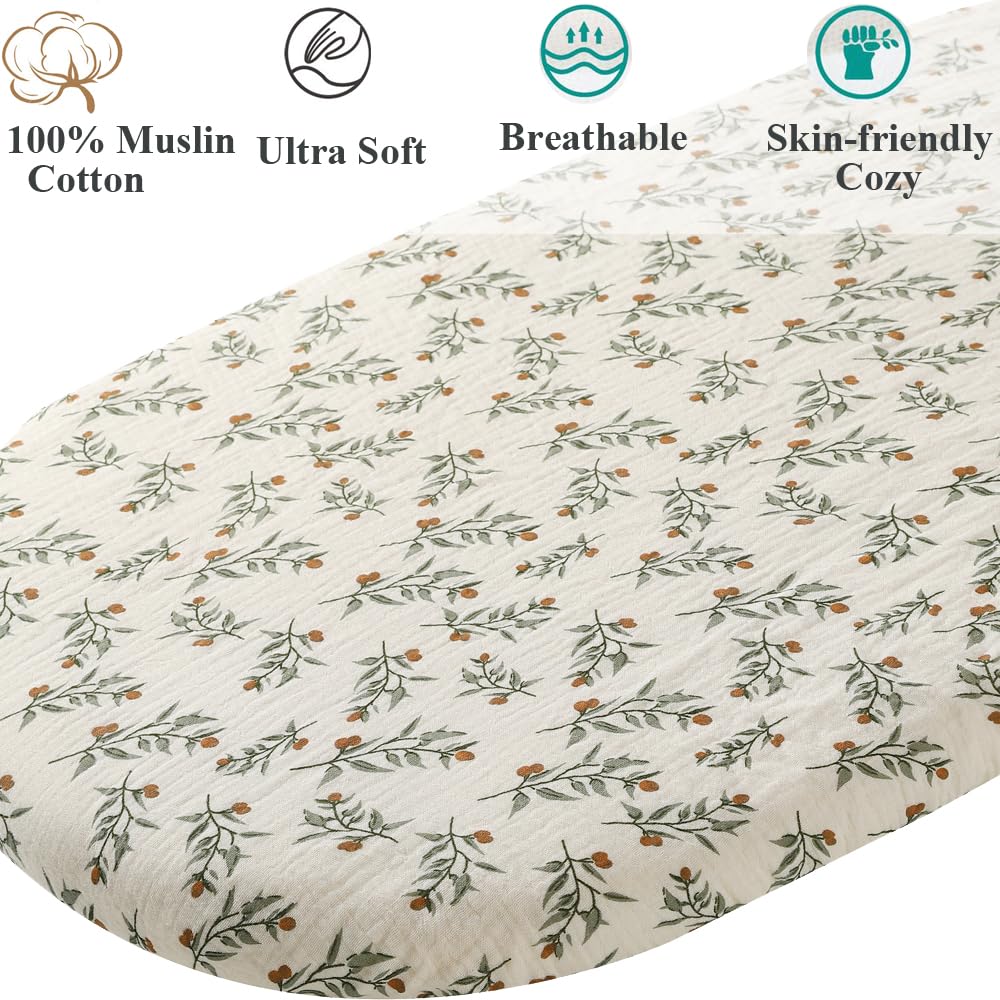 Muslin Bassinet Sheet Compatible with AMKE 3 in 1 Bassinet(35 X 20), Milliard, TCBunny Bassinet, 2 Pack Cotton Stylish Boho Fitted Bassinet Sheets for Baby Roman Green & Botanical Leaf