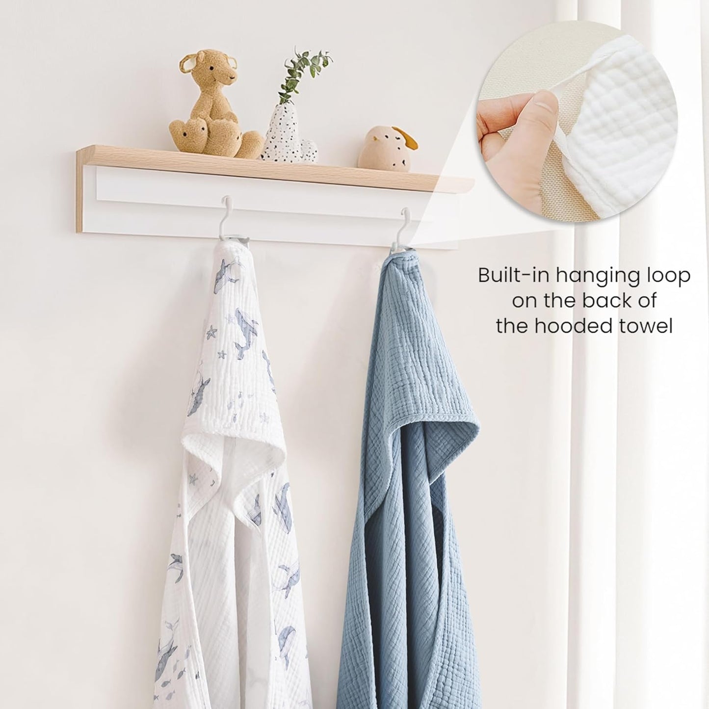 Konssy 2-Pack Muslin Hooded Baby Towels, 100% Cotton, Ultra-Soft & Absorbent Baby Bath Towels with Hood for Newborn & Infant (Blue, Blue Whale, 32" x 32")