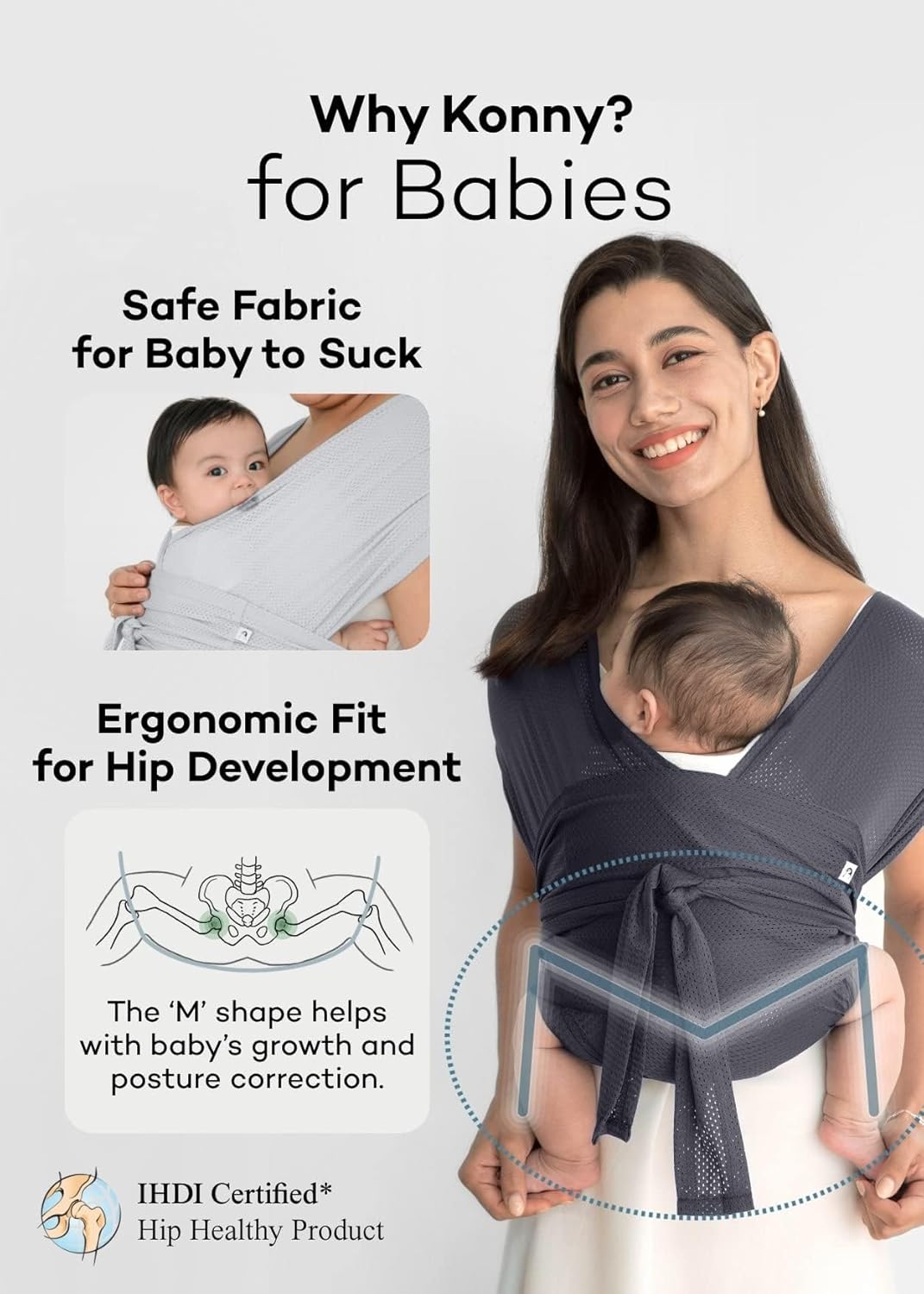 Konny Baby Carrier Flex AirMesh with Head Support- Adjustable, Easy to Wear Baby Wrap Sling, Perfect for Newborn Babies Essentials up to 44 lbs (M-4XL) - Cream