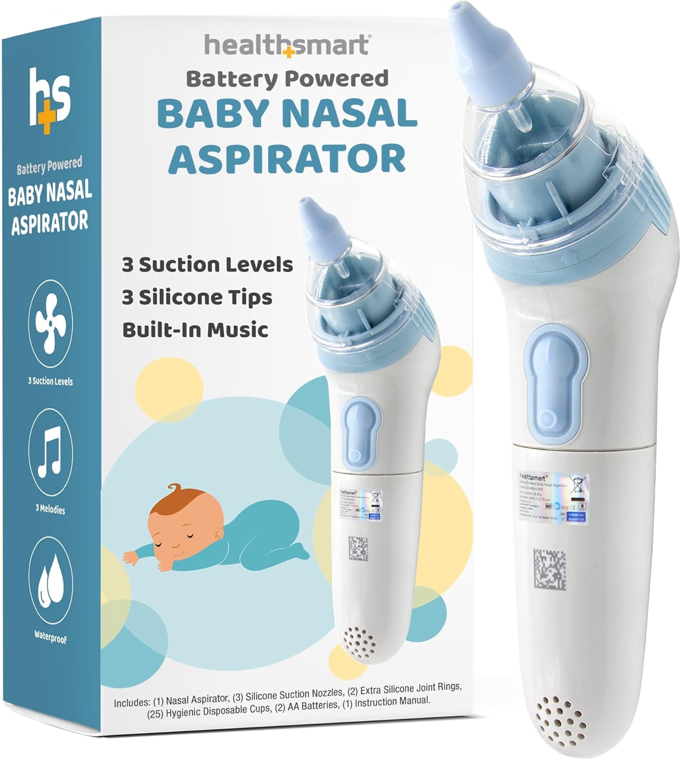 HealthSmart Nasal Aspirator for Baby – Perfect Gift for Moms & Baby Registry -3 Suction Levels, 3 Silicone Tips, Ergonomic Electric Nose Sucker with Built-in Nursery Rhymes