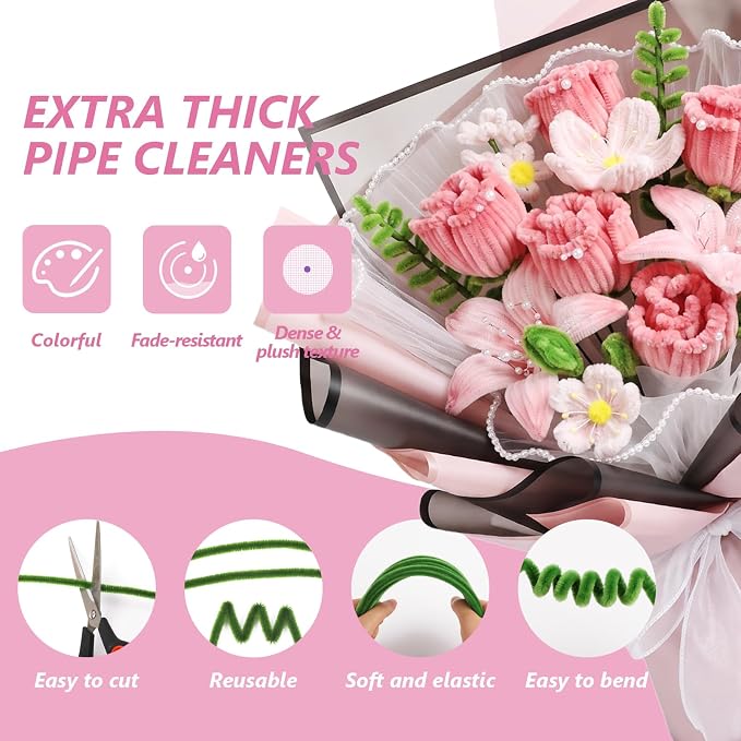 Cwczhi 600 PCS Pipe Cleaners Craft, 9 Colors Pipe Cleaner Bulk Flower Kit |