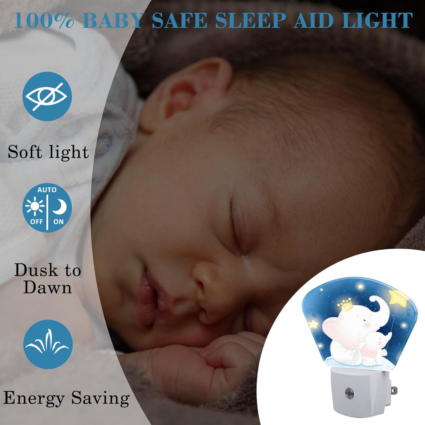 Cute Elephant Mother and Child Night Light for Kids, Elephant Sitting in Moon LED Night Light Plug into Wall with Dusk to Dawn Sensor for Girls Boys Bedroom, Kitchen, Bathroom, Stairs Decor