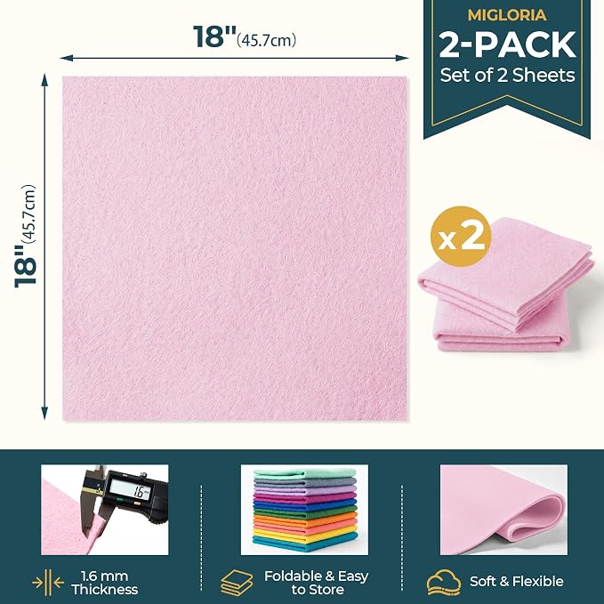 Felt Fabric Sheet 18 x 18 Inch, 1.6mm Thick | Soft and Flexible Nonwoven
