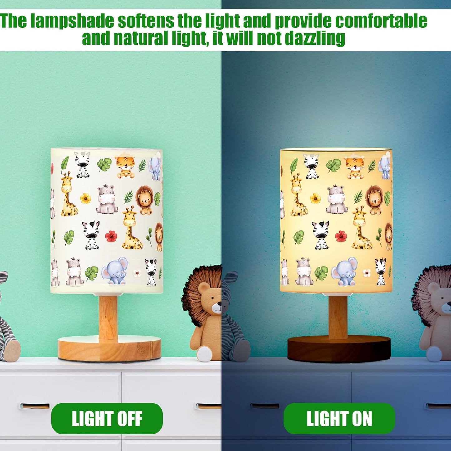 VIHOSE Safari Animal Kids Table Lamp for Bedroom Kids Bedside Lamp with Linen Wooden Nightstand Cartoon Nursery Lampshade for Girls Boys Living Room