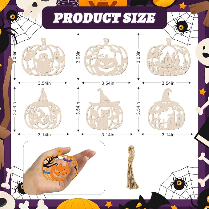 24 PCS Unfinished Wooden Halloween Crafts, Pumpkin Shaped Hanging Ornaments DIY