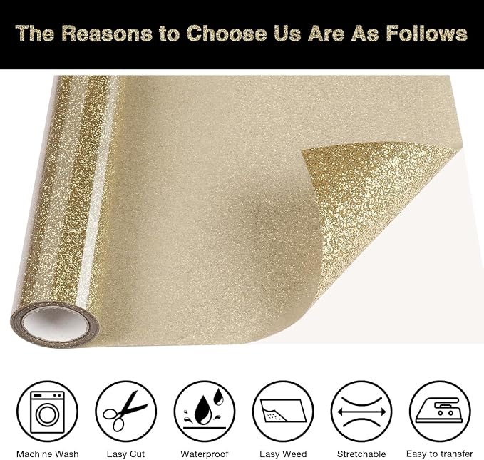 Champagne Glitter HTV Heat Transfer Vinyl Roll 12inch x 20 ft