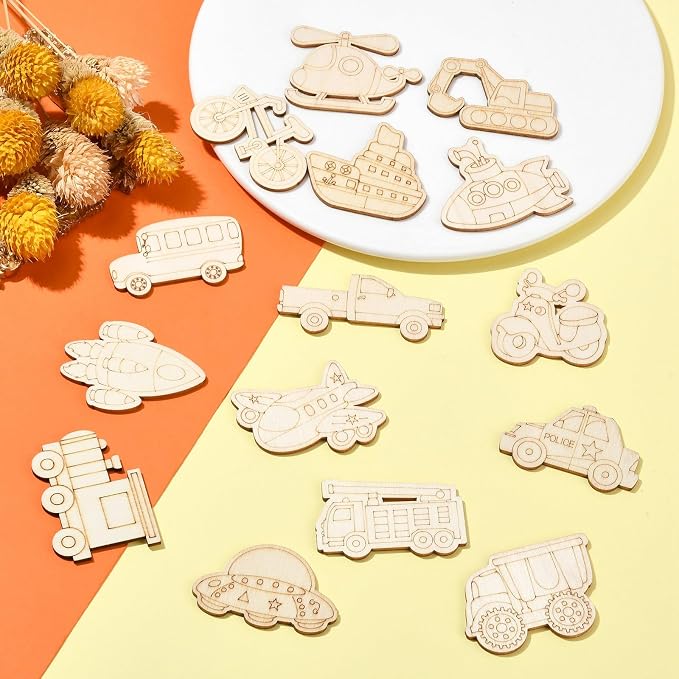 100 pcs Mixed Styles Transportation Theme Undyed Wood Cutout Charms Car Vehicle
