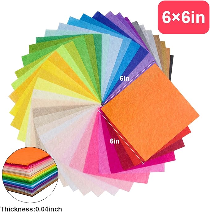 6" x 6" Felt Fabric Sheets for Crafts, 1mm Thick, Squares Non-Woven Felt Fabric