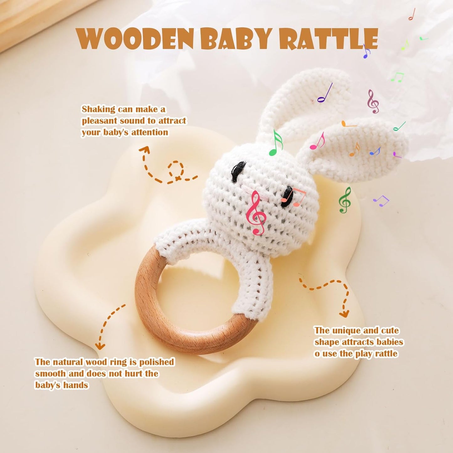 Wooden Baby Rattle，Crochet Bunny Rattle with Wood Ring, Newborn Wooden Animal Rattle Toy，Infant White Bunny Wood Rattle Toys Bunny-4