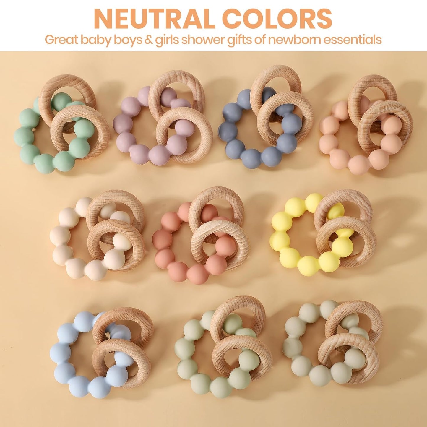 Socub Baby Teething Toys for 0-6 6-12 Months | BPA-Free Food-Grade Silicone & Natural Beech Wood Teether Ring for Newborn Infants Teething Relief | Easy-Grip Sensory Rattle Toys(Tradewinds)