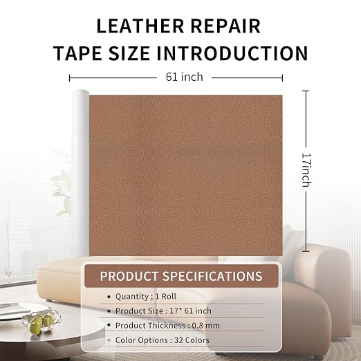 Leather Repair Patch Tape, Light Brown 17 x 61 Inches Self Adhesive Leather