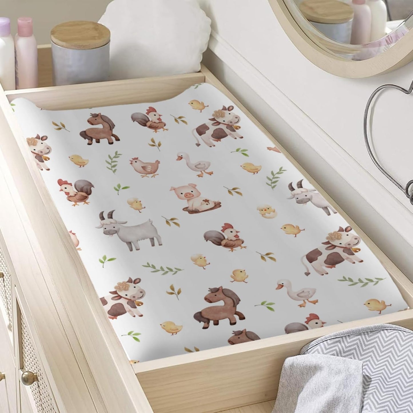 Baby Farm Life Changing Pad Covers for Boy Girl 32''x16'' Farm Animals Pig Goat Horse Cow Chick Rooster Duck Leaves Unisex Fitted Diaper Changing Pad Mats Soft Cradle & Bassinet Sheets