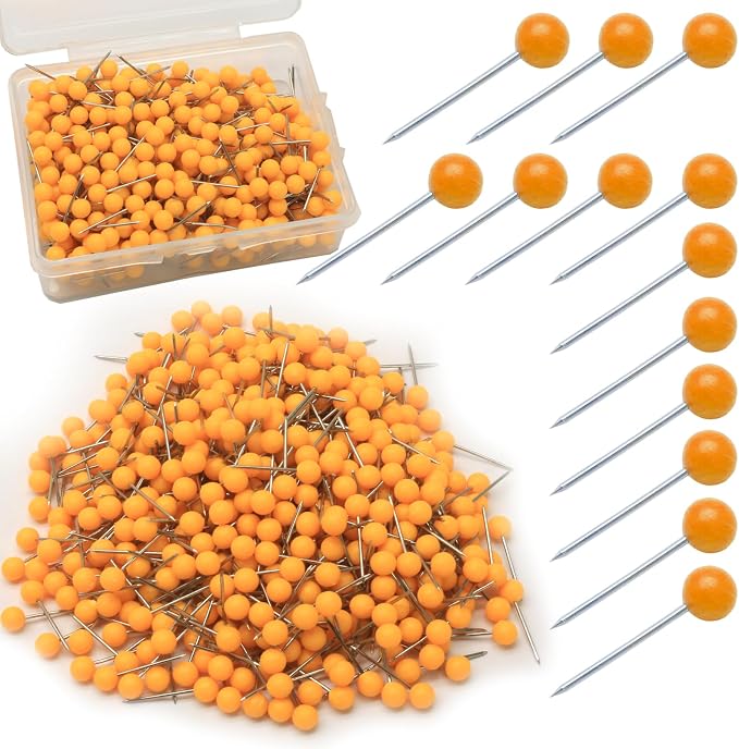 Orange Map Pins, 1/8 Inch, Round Ball Head | Map Tacks, Push Pins