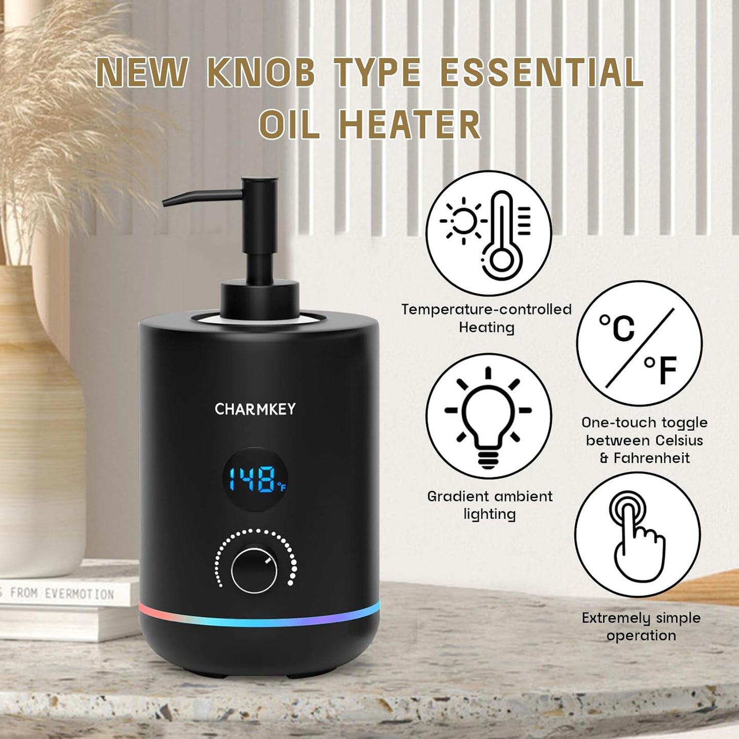 CHARMKEY Massage Oil Warmer Black, 2 Oil Bottle Dispensers & 2 Silicone Funnels, Digital Heater for SPA, Oil Lotion Cream for Salon, Barber Shops, Home