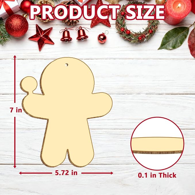 Large Size 7" Christmas Crafts for Kids Wooden Gingerbread Ornaments Crafts