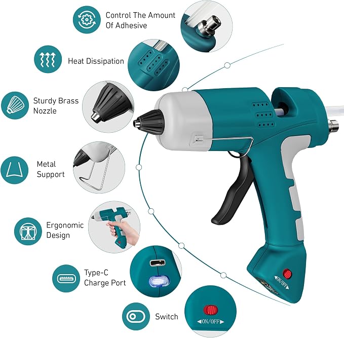 Cordless Hot Glue Gun Kit, 20W Lithium Battery Rechargeable Hot Melt Glue Gun