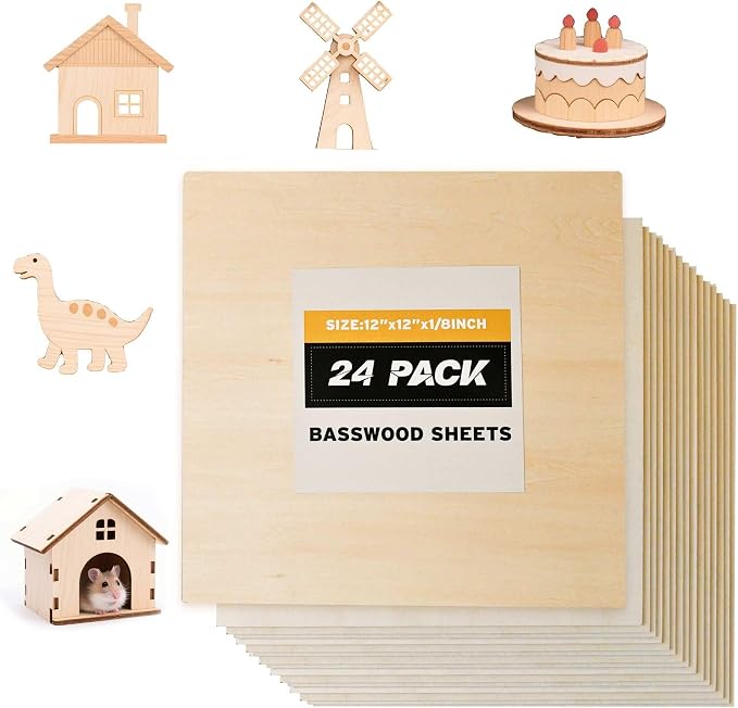 Basswood Sheets 12x12 in, 1/8 Inch Thick 24 Pack Unfinished Square Wood Boards