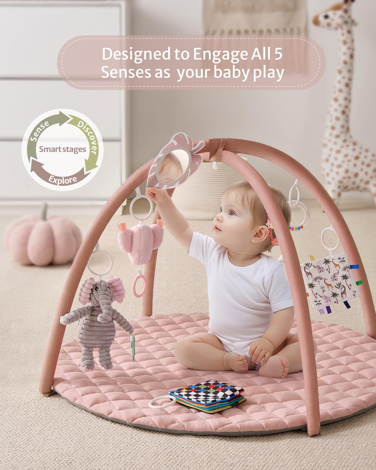 Blissful Diary Baby Play Gym Mat, Tummy Time Activity Mat with 6 Detachable Toys for Skill Development, Baby Essentials Gift, Soft Pink