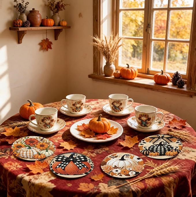 LWZAYS 8 PCS Fall Pumpkin Diamond Art Coaster Kits