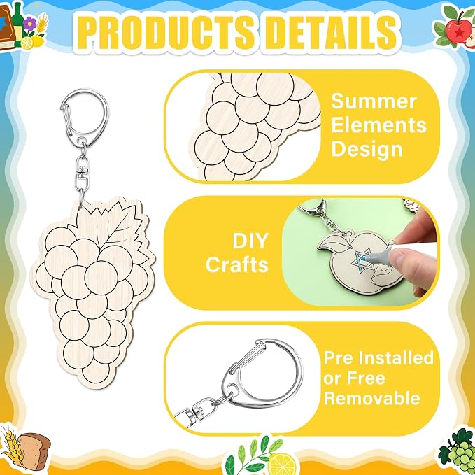 RattanView 24 Pcs Sukkot Crafts Color Your Own Keychains Diy Craft Wooden Blank