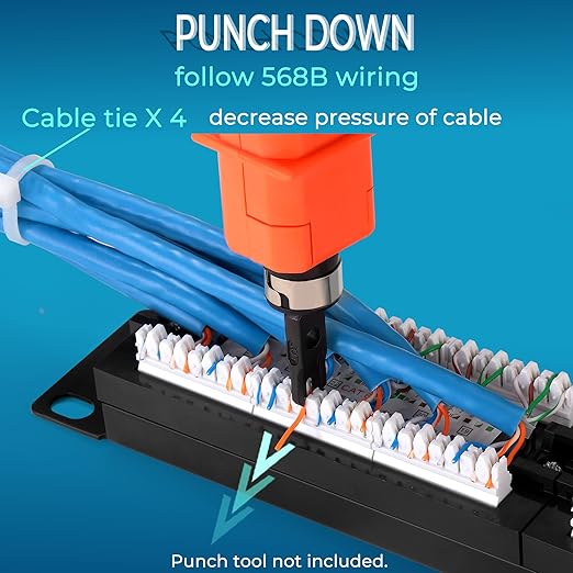 Rapink Patch Panel 24 Port Cat6 10G Support, Network Panel UTP 19-Inch, Wallmount or Rackmount 1U Ethernet Patch Panel Punch Down Block for Cat6, Cat5e, Cat5 Cabling