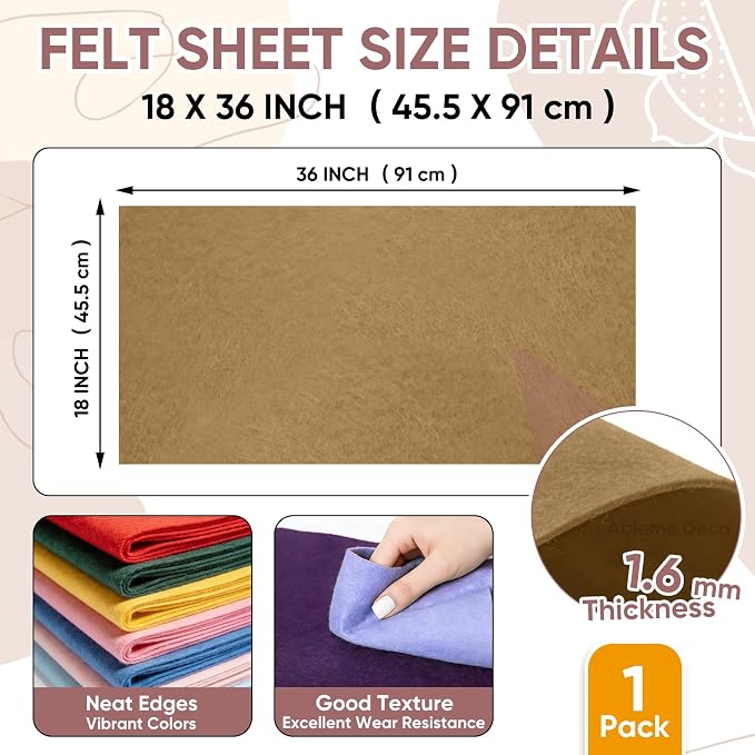 Soft Felt Fabric Sheet 18" x 36", 1.6mm Acrylic Craft Felt, Tan | Soft Thick