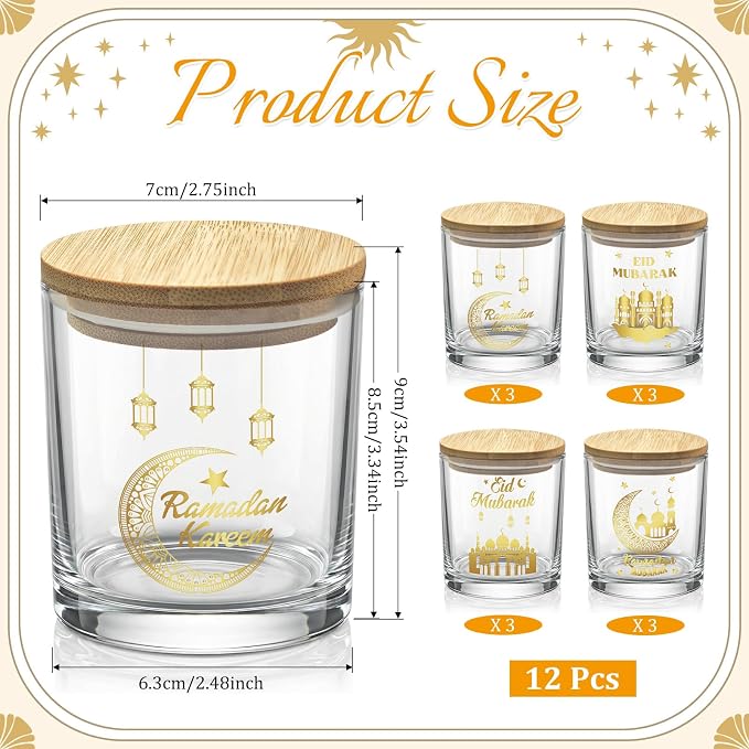 Cinrobiye 12 Pcs Ramadan Mubarak Candle Making Jars 7oz Glass Containers