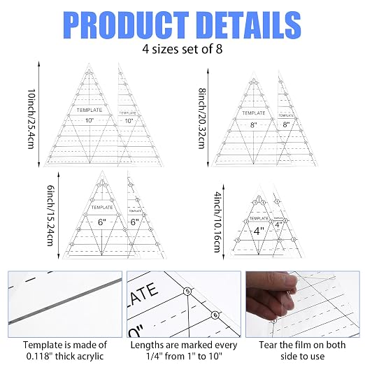 8 Pcs Tall Triangle Ruler for Quilting 4 6 8 10 Inch Acrylic Template Rulers