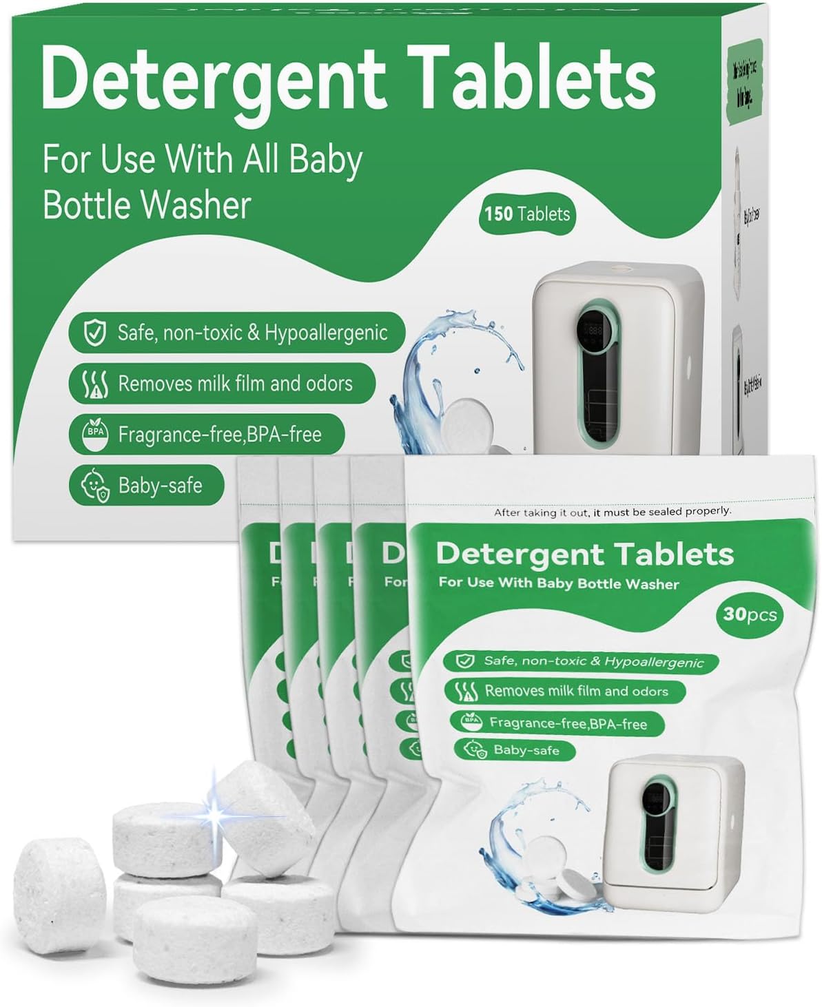 IAGREEA Detergent Washing Tablets 150 PCS, Suitable for Bottle Washers, Compatible with All Brands Baby Bottle Washers, Safe, Healthy and Pollution-Free, Odorless, Highly Effective in Removing Stains