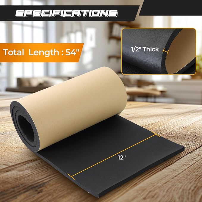 NATGAI Sponge Neoprene with Adhesive Foam Rubber Sheet 1/2” Thick X 12” Wide X