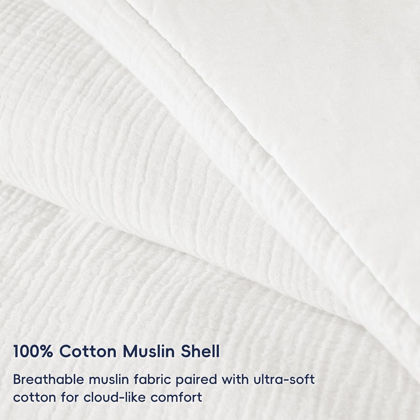 PHF Cotton Muslin Comforter Set Queen Size – Ultra Soft, Breathable & Lightweight Bedding Set for All Seasons, 3 Pieces - 1 Comfy Comforter 90"x90", 2 Pillow Shams 20"x26", White