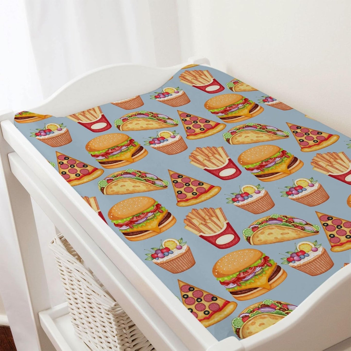 Cute Burger French Fries Cupcake Pizza Baby Changing Table Pad Covers for Baby Boys or Girls 32''x16'' Unisex Fitted Diaper Changing Table Cover Comfort Soft Breathable Nursery Changing Table Mats