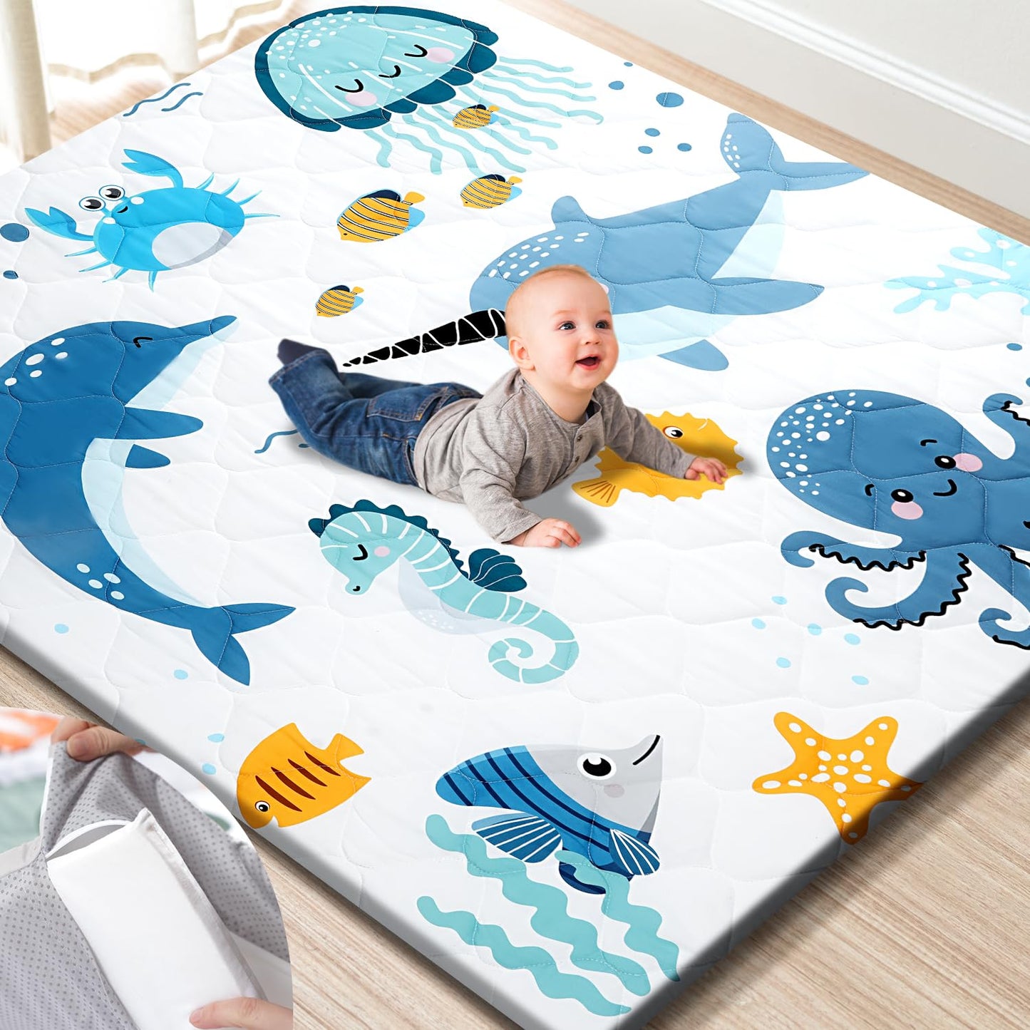 Premium Foam Baby Play Mat 59x59 – Removable & Machine Washable Cover, Extra Thick Padding Playpen Mat, Non-Slip Crawling Mat, Easy to Clean for Infants, Toddlers & Babies