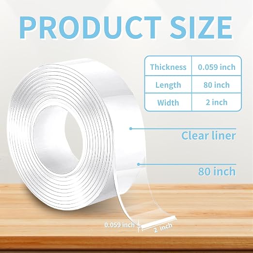Heavy Duty Double Sided Tape, 2 x 80 in, 1 Pack | Removable washable nano gel