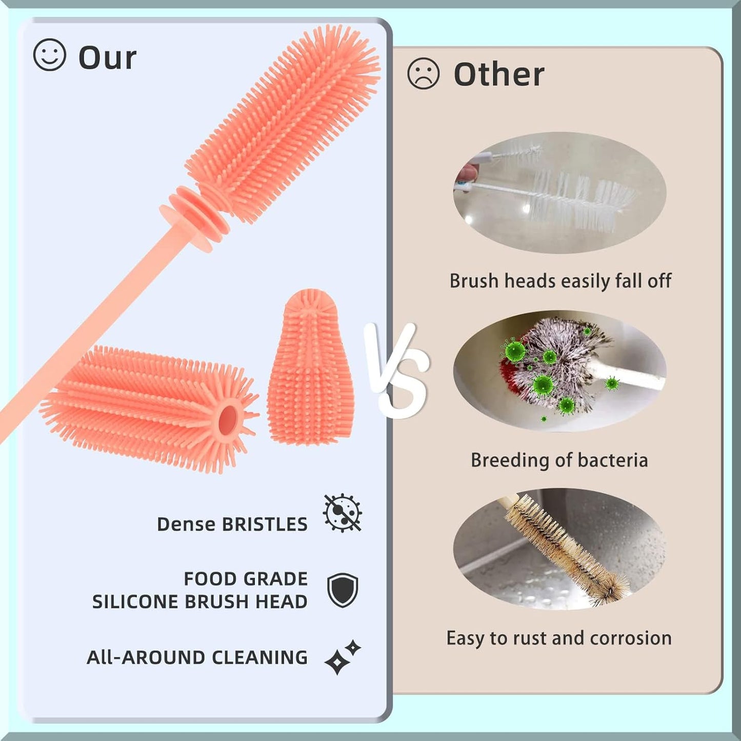 Silicone Baby Bottle Brush and Straw Cleaner Brush Set,Silicone Fully Encased Dish Brush,Versatile Deep Cleaning Long Water Bottle Brushes,Heat Resistant Sturdy Kitchen Brush,Hangable Cup Brush