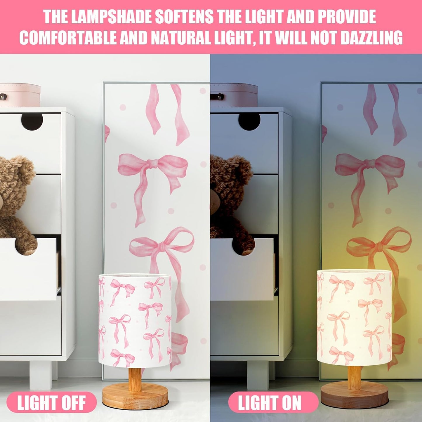VIHOSE Bow Kids Table Lamp for Bedroom Kids Bedside Lamp with Linen Wooden Nightstand Cartoon Nursery Lampshade for Girls Boys Living Room