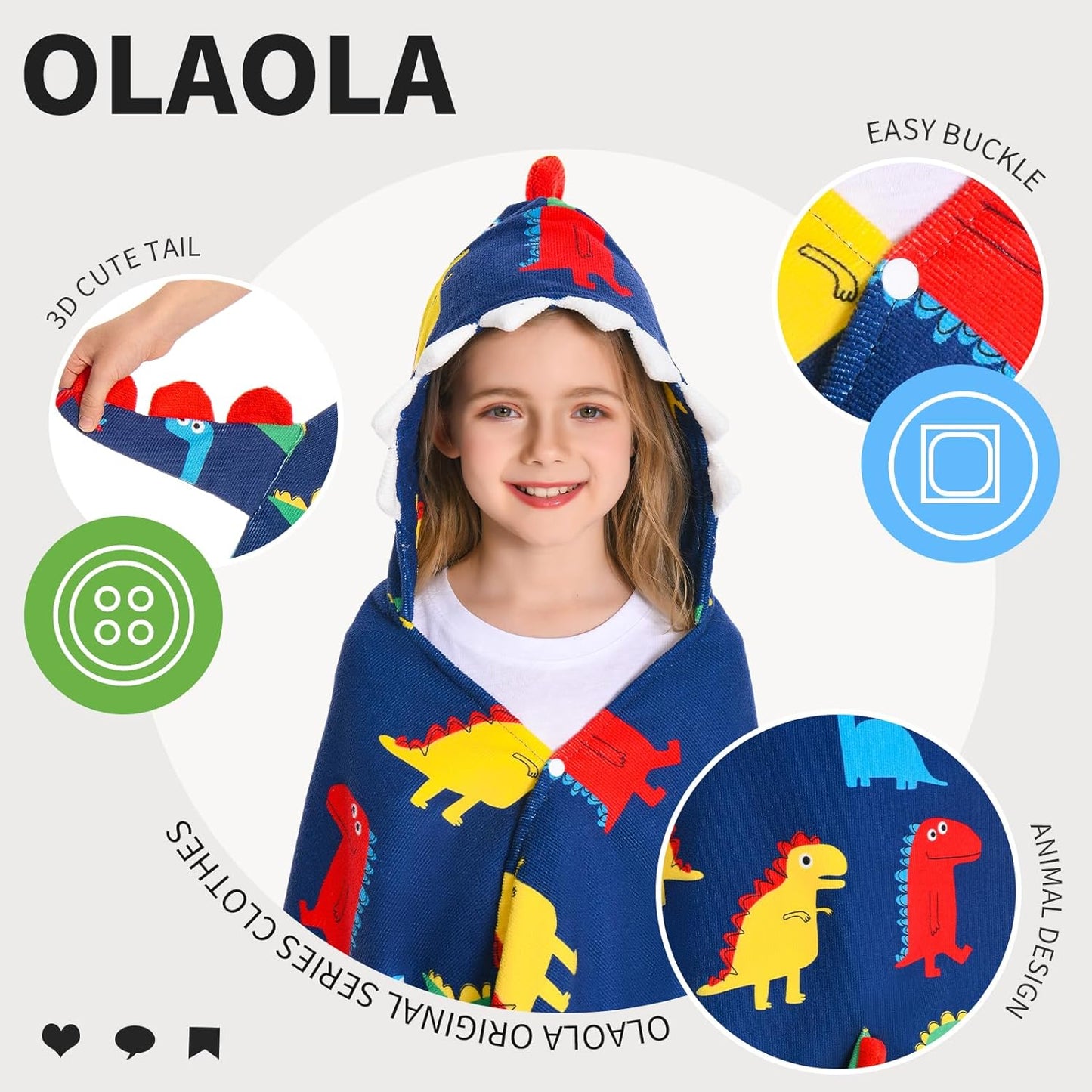 OLAOLA Colorful Dinosaur Hooded Towel for Kids 3-12 Years, 28" x 53" Soft Thick Absorbent Beach Towels, Toddler Bath Towel Wrap Swim Pool Towels Poncho for Boys Girls