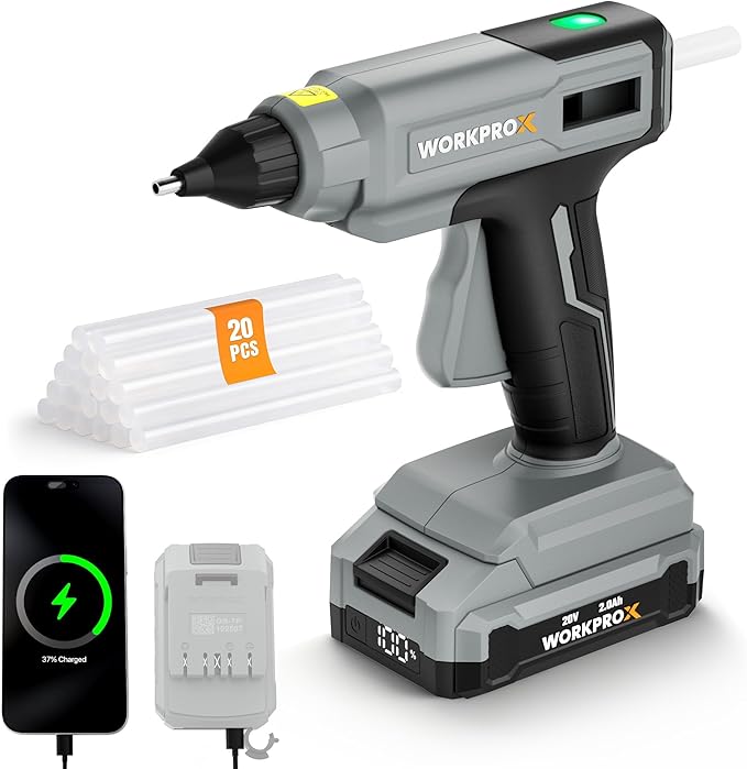 WORKPROX Cordless Hot Glue Gun, 20V Rechargeable Full-Size Kit | 90min Runtime