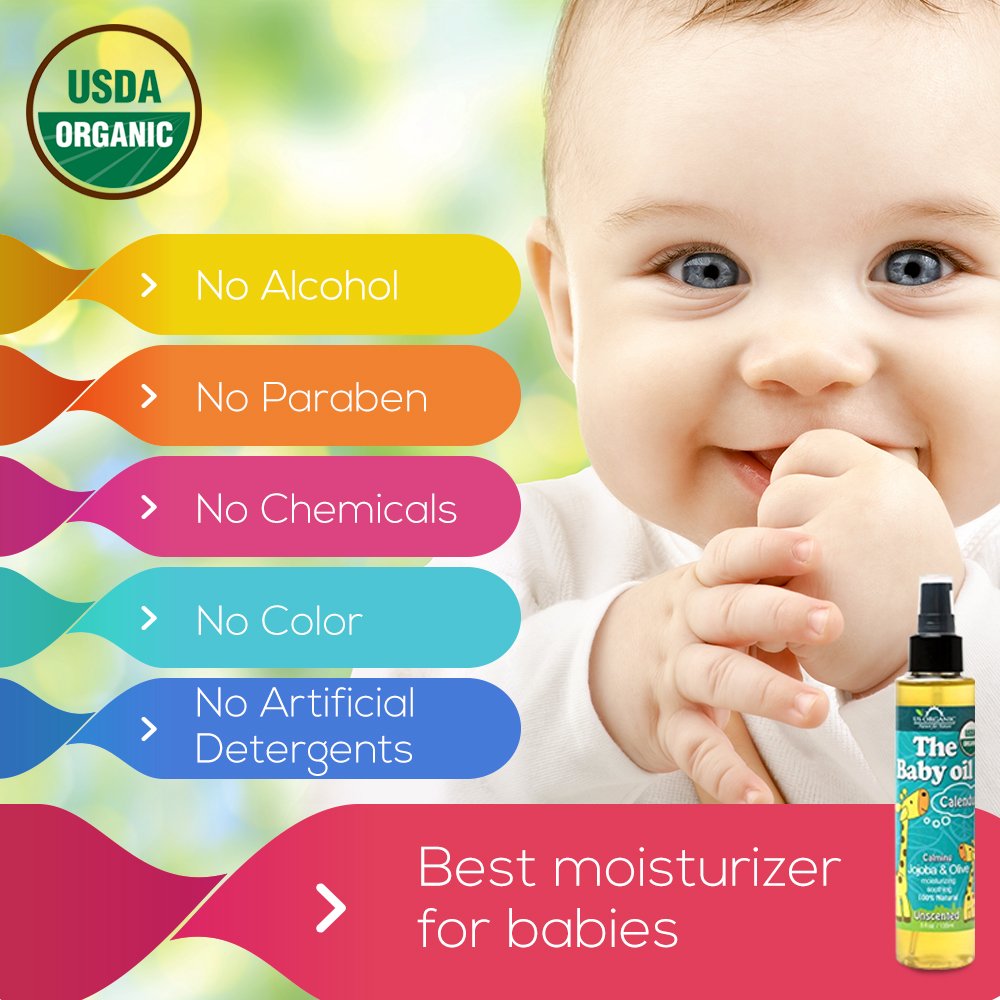 US Organic Baby Oil with Calendula, Jojoba, and Olive Oil with Vitamin E, USDA Certified Organic, No Alcohol, Paraben, Artificial Detergents, Color, Synthetic Perfumes, 5 fl. Oz (Pure Unscented)