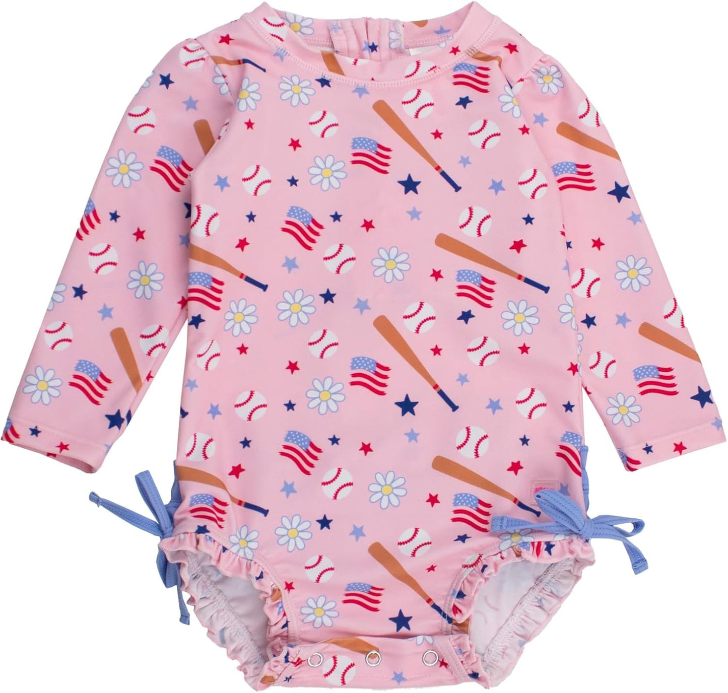 RuffleButts Baby Girls UPF 50+ Sun Protection Novelty Print Long Sleeve One Piece Rash Guard Swimsuit with Zipper