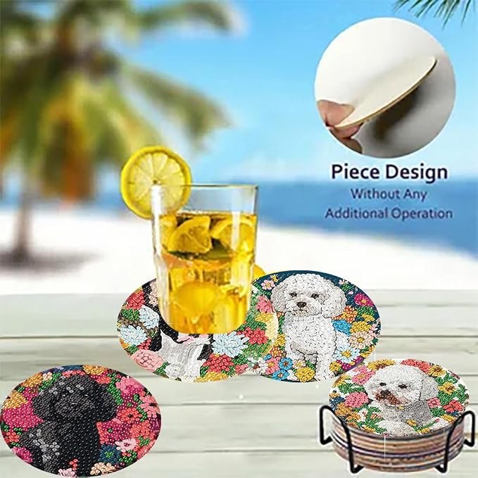 8 Pack Diamond Art Coasters, Dog Flowers Diamond Painting Coasters Kits | Dog