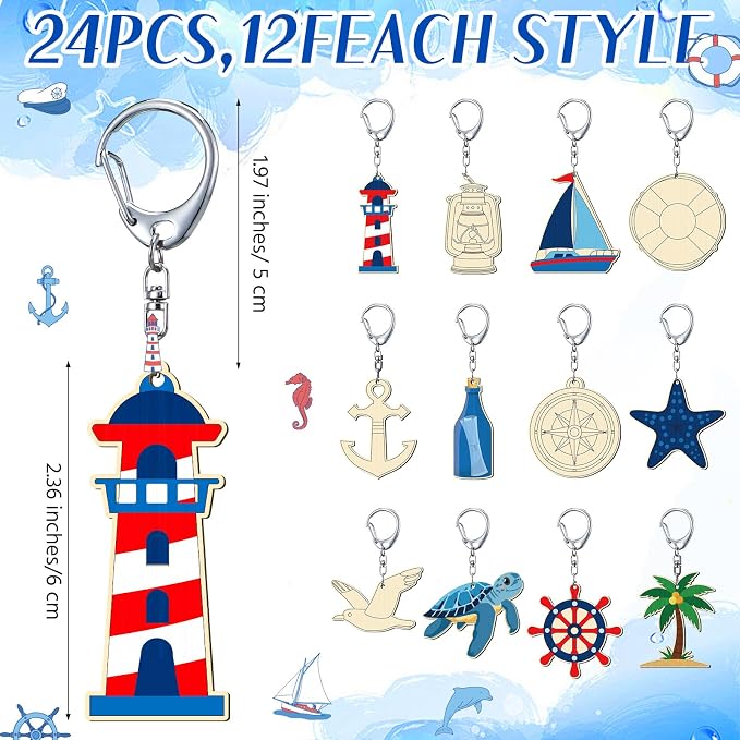 RattanView 24 Pcs Nautical Craft Color Your Own Keychains DIY Craft Wooden