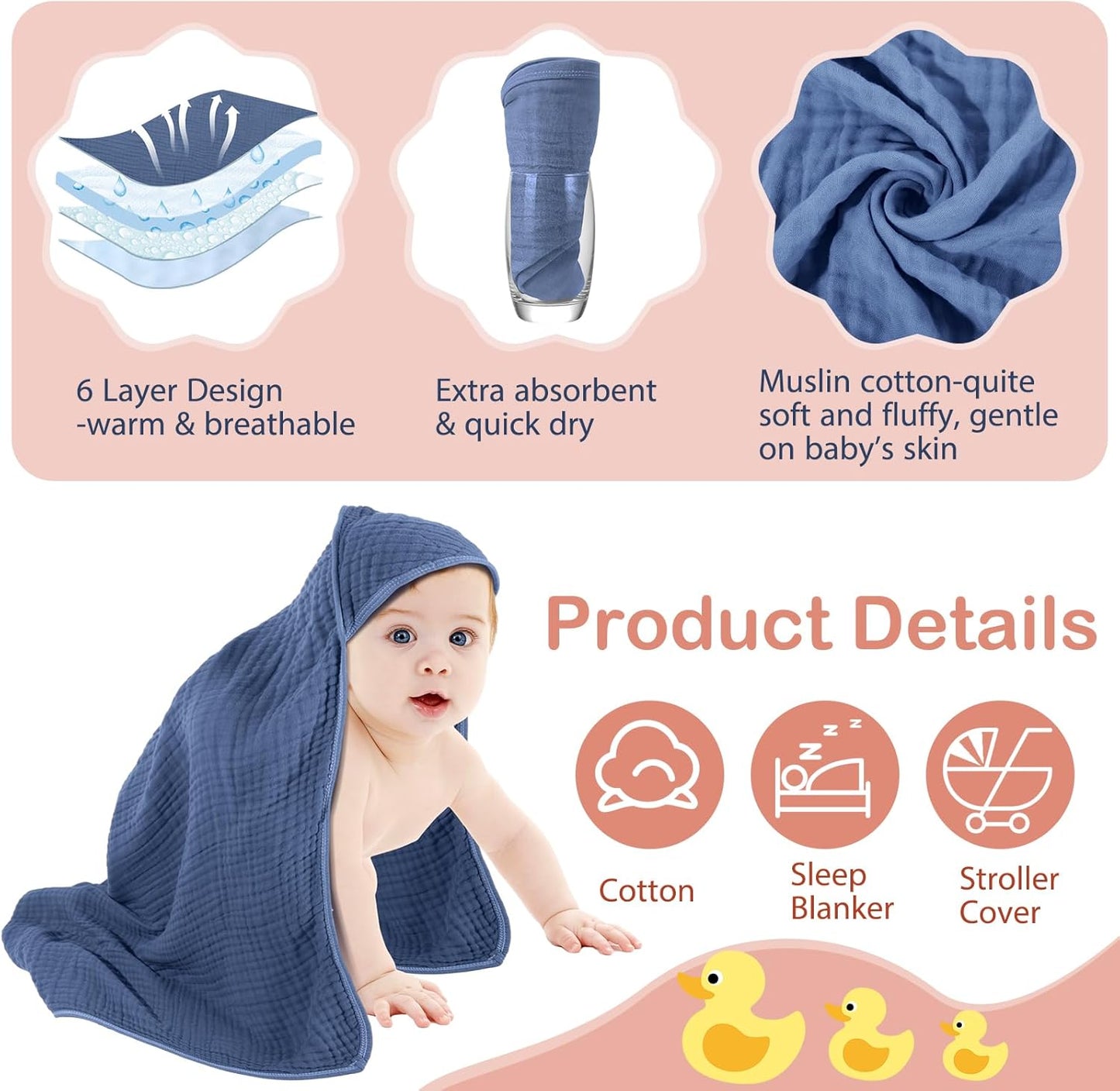 Peryiter 6 Pcs Muslin Hooded Baby Towels, 32"x 32" Cotton Newborn Bath Towel Muslin Infant Baby Blankets Absorbent Unisex Newborn Registry Gift Essentials for Girls Boys (Green and Pink Series)