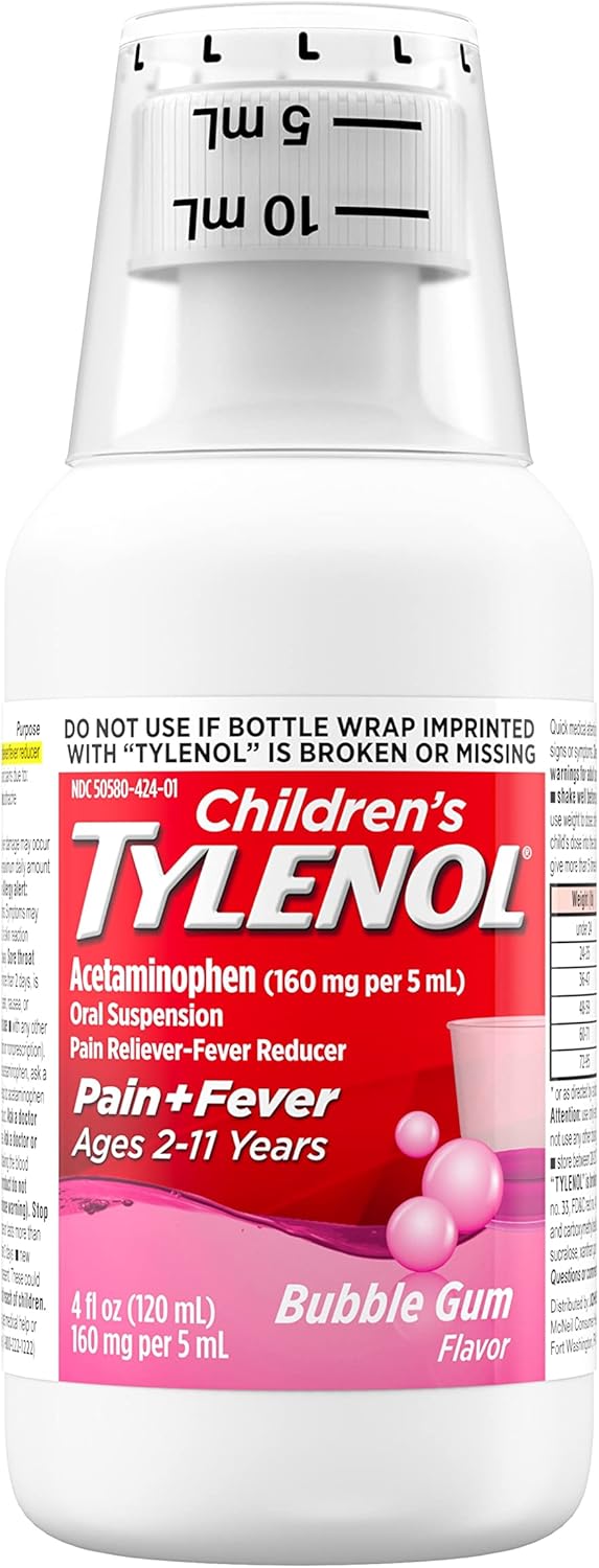 Children's Tylenol Oral Suspension Medicine, Kids' Liquid medicine Pain Reliever & Fever Reducer for Cold + Flu Symptoms, Aspirin-, Ibuprofen- & Alcohol- Free, Bubble Gum, 4 fl. oz