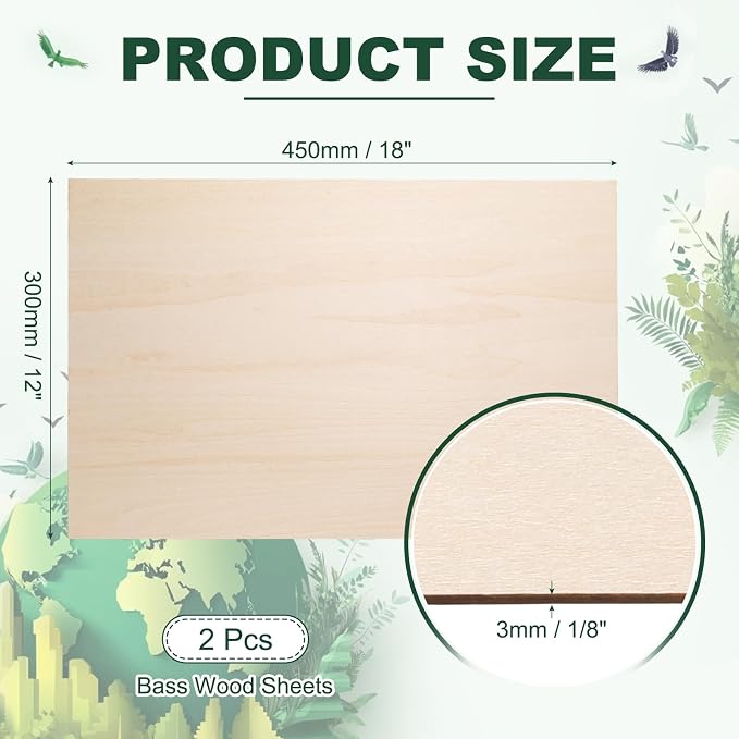 HARFINGTON 2pcs 3mm Basswood Plywood Sheets 12" x 18" x 1/8" Thin Unfinished