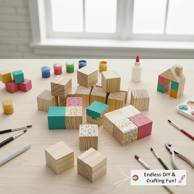 Wooden Blocks for Crafts, Unfinished Wood Cubes, 1.5 Inch Natural Wood Blocks
