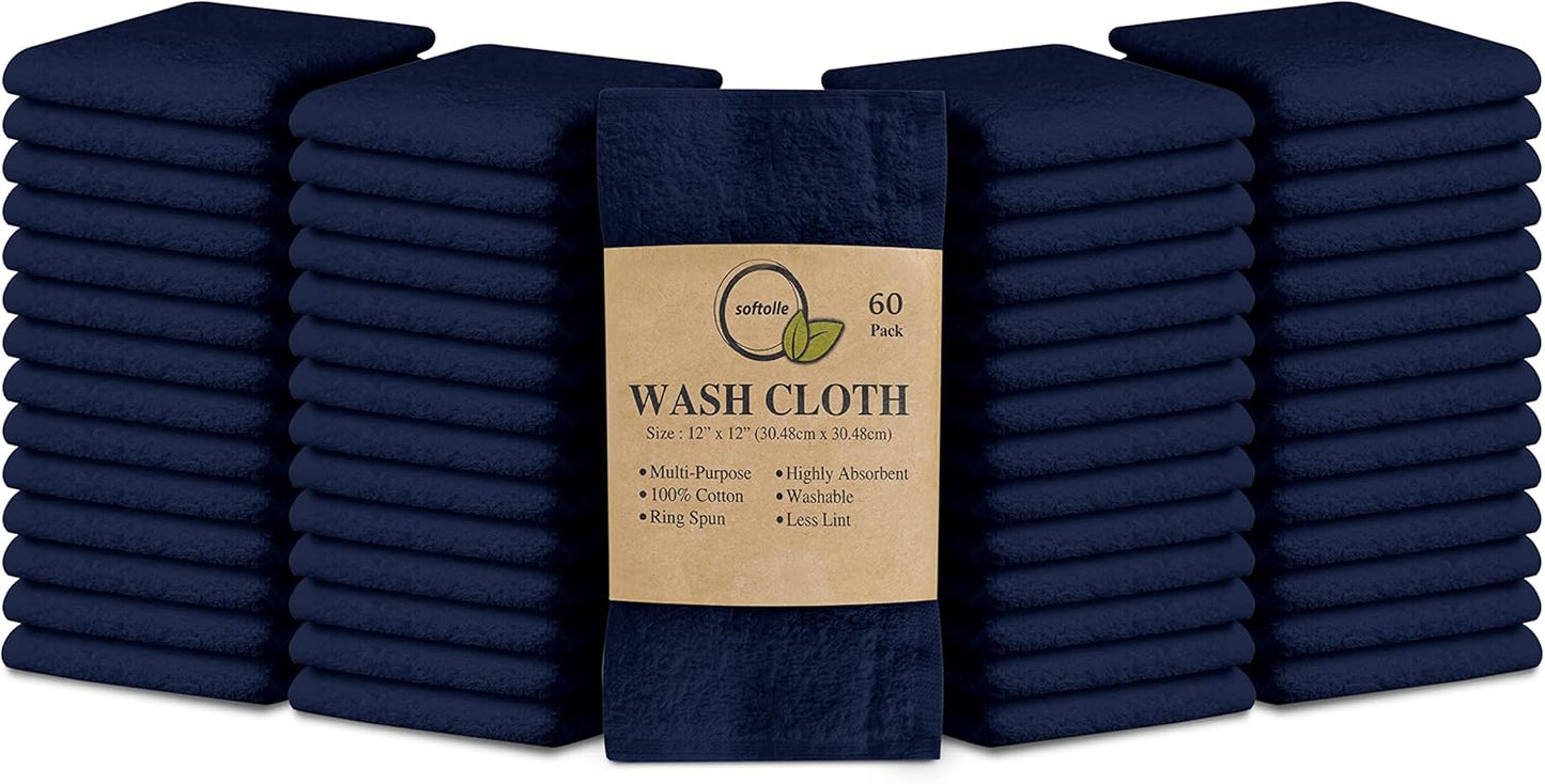 Softolle 100% Cotton Washcloths 60 Pack (12x12 Inches) Soft, Highly Absorbent Washcloth, Face Towels, Wash Cloths for Face, Ring Spun, Bulk Pack (Navy Blue)
