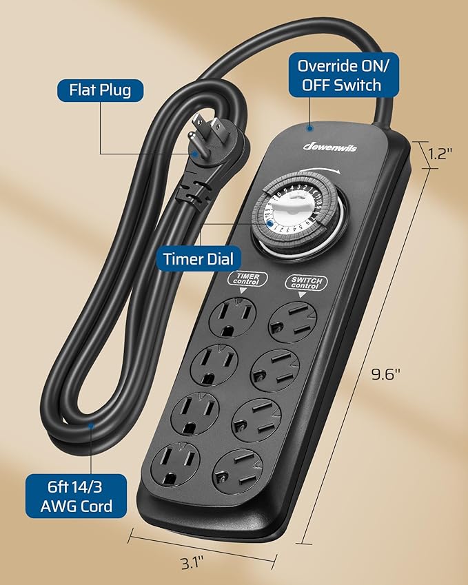 DEWENWILS Mechanical Timer Power Strip with 8 Outlets, 6FT Power Cord & Flat Plug, Overload Protection Mechanical Timer, Outlet Timer Indoor for Tanks, Aquarium, Grow Lights, Reptile Light, UL Listed