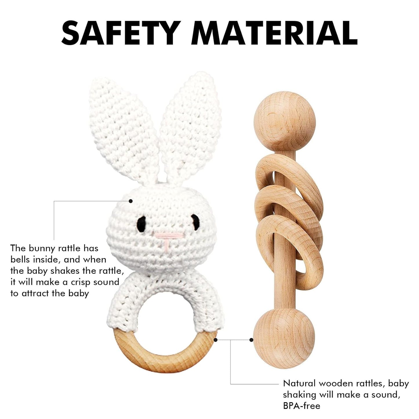 Wooden Baby Rattle, Crochet White Bunny Rattle and Wood Rattle Set, Newborn Wooden Animal Rattle Toy, Baby Wooden Rattle Toy 2PCS
