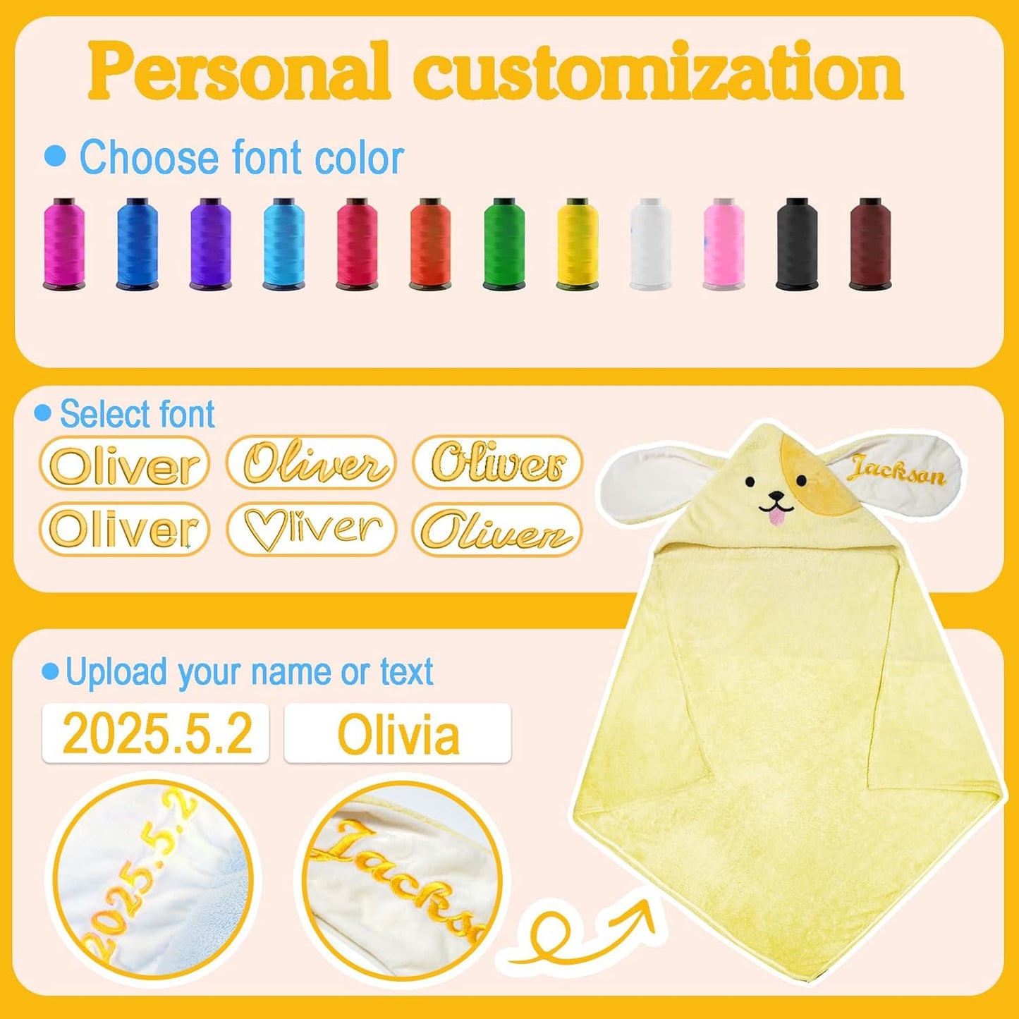 Custom Hooded Bath Towel with Name, Personalized Highly Absorbent Bunny Towels, Baby Bath Towels for Girls Boys, Brithday for Baby, Toddler, Newborn (Yellow-Dog)